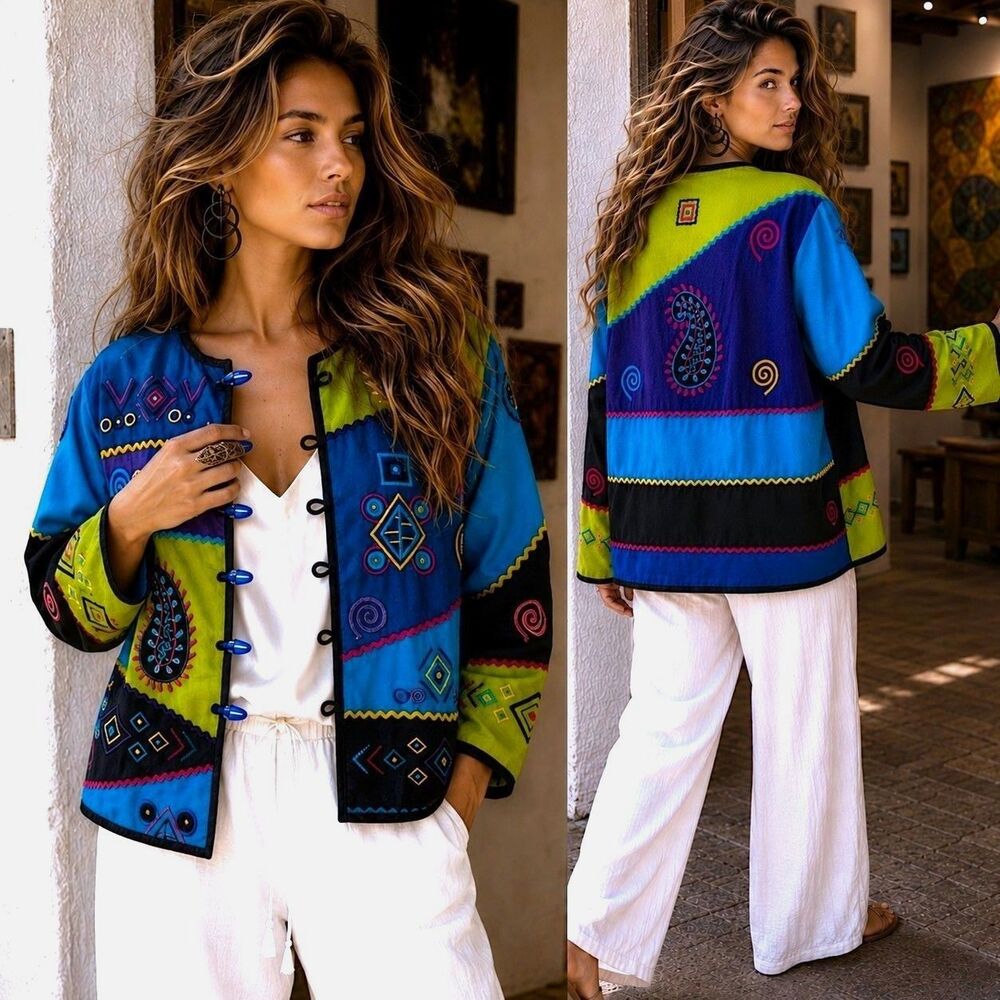 Vtg 80s Boho M Embroidered Patchwork Jacket Colorful Folk Art Festival Statement